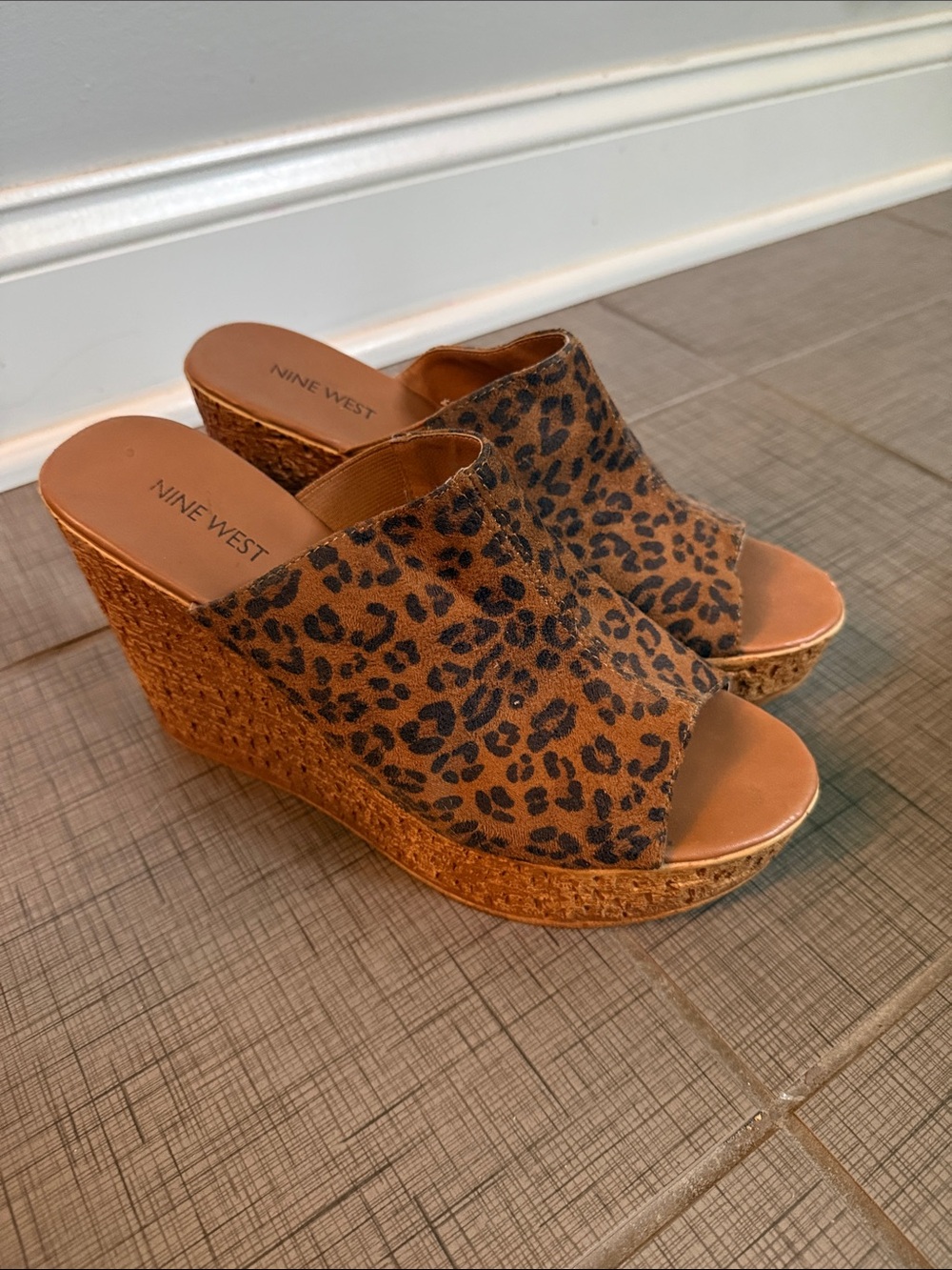 Nine West Leopard-Print Open-Toe Wedge Sandals - Brown/Black